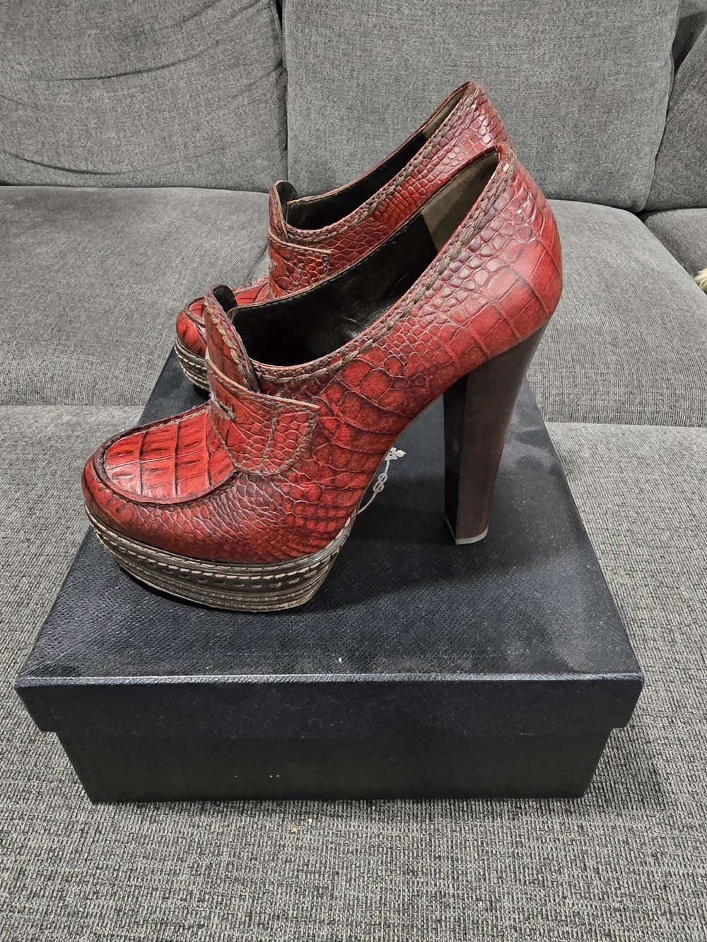 Prada Red Croc-Embossed Leather Platform Heels - Picture 2 of 4
